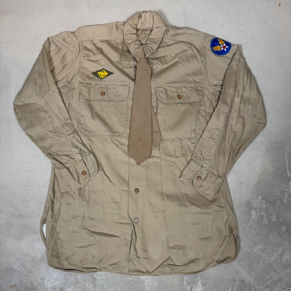 Vintage 40s WWII US Army Air Force Khaki Uniform Shirt Tie Patches Stenciled